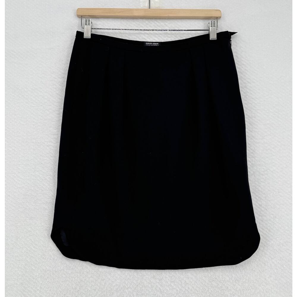 Giorgio Armani Black Wool Knit Pleated Lined Short Straight Pencil Skirt Sz 46